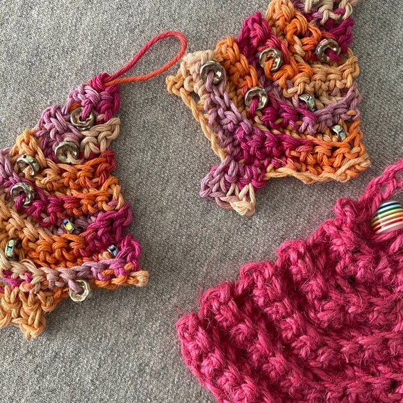 Handmade Crochet Pink Orange Holiday Christmas Tree Hang Decorations Set of 3 - Picture 6 of 6